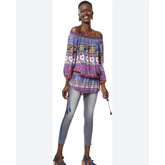 Desigual Off-the-shoulder Blouson Loose Fit Blouse, Elastic Waist, size M - Picture 1 of 11